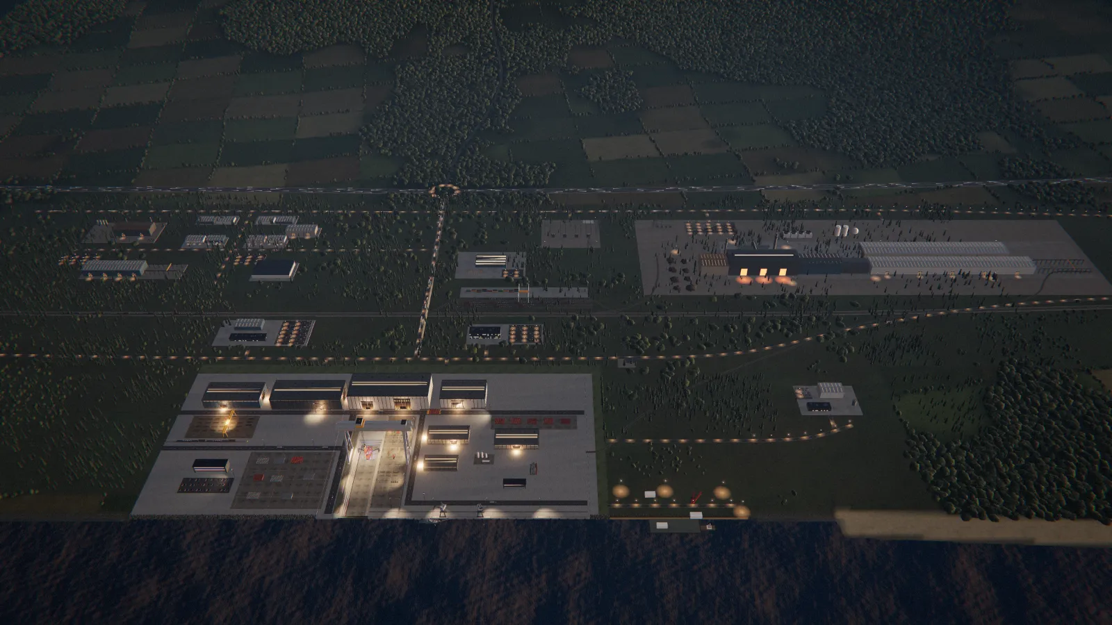 A yard among the mill, shops, rail, power and port it depends on. Seen from above, with each dependency of the vessel marked.