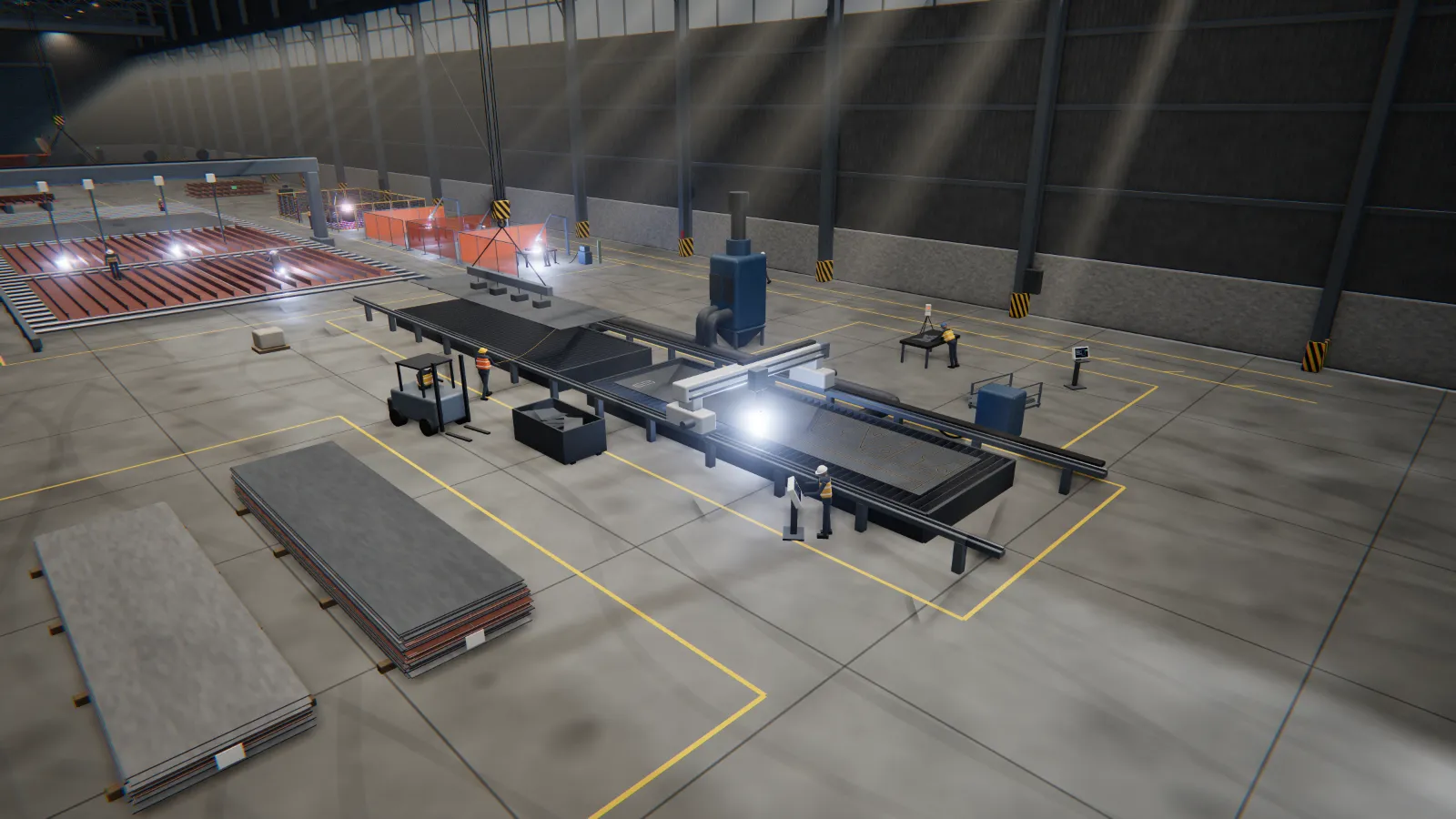 A plasma cutting cell in a concept production hall: plate rack, cutting table, operator, instruction terminal, a scanner over the first parts, cut parts on a pallet and a recording kiosk.