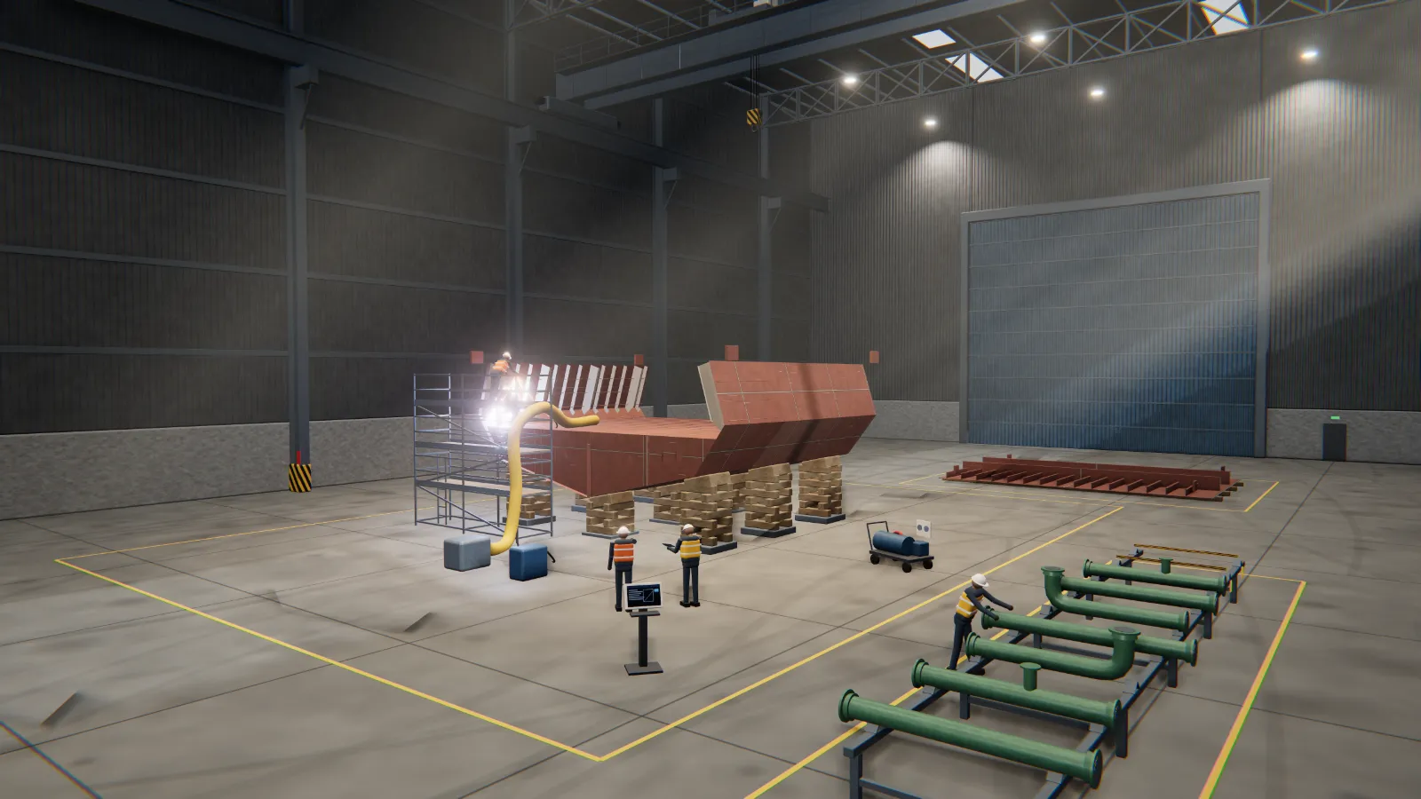A hull block open at its station, its pipe spool kit beside it. Each readiness gate is marked on the thing it is about.